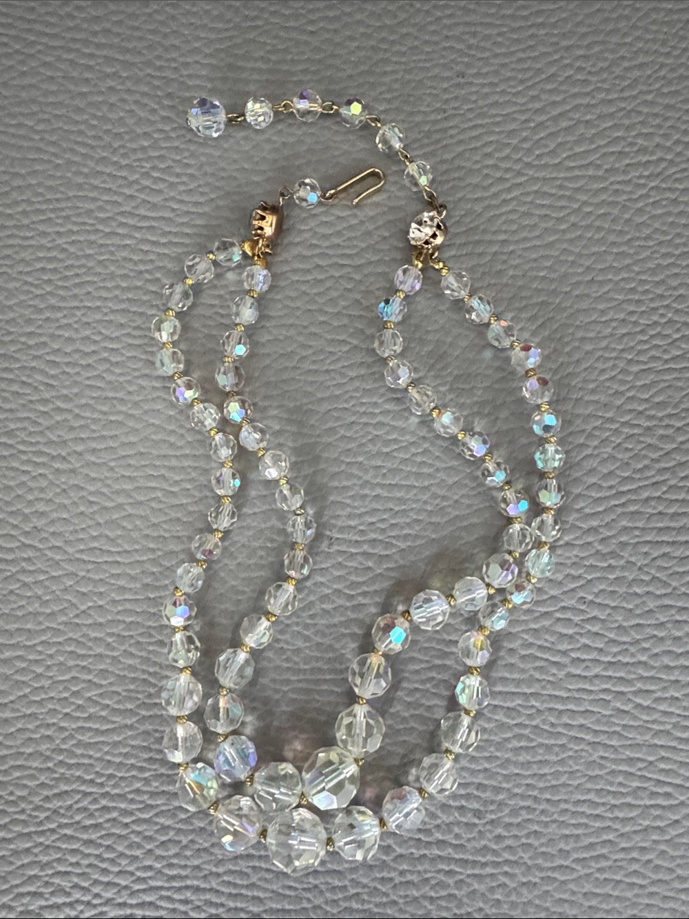 VINTAGE TRIFARI DOUBLE STRAND GLASS CRYSTAL FACETED AURORA BOREALIS NECKLACE